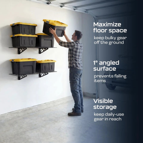 Man storing bins on Garage Wall Shelf Two-Pack, Heavy-Duty Steel With Powder-Coated Finish In White Or Hammertone, 300 Lb Capacity.
