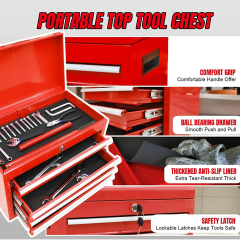 Image of the Beefed Up Rolling 5 Drawer Tool Chest with lockable drawers and open top box, showing tools inside on anti-slip liner.