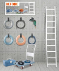 Heavy Duty Storage Straps 10 Pack Assorted For Extension Cord Organization And Cable Management Hose And Rope Keeper Tool Tie Downs RV Wall Mount Organizer For Garage Workshop Car Boat And Yard Storage shown mounted on wall.