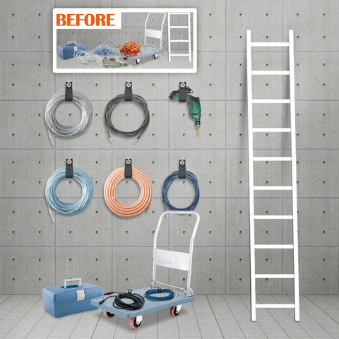 Heavy Duty Storage Straps 10 Pack Assorted For Extension Cord Organization And Cable Management Hose And Rope Keeper Tool Tie Downs RV Wall Mount Organizer For Garage Workshop Car Boat And Yard Storage shown mounted on wall.