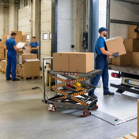 Top Shelf Hydraulic Lift Table Cart Rated For 330 Pound Loads double scissor workbench in use for moving boxes in warehouse.