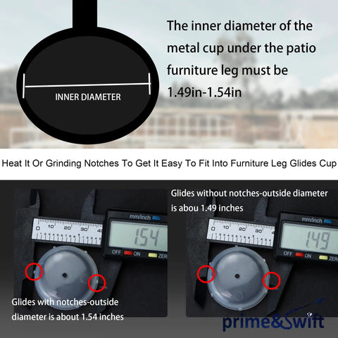 Heavy Duty Clear Wrought Iron Patio Furniture Foot Glides Caps 1.5 Inch measuring inner diameter for proper fitment.