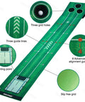 Portable Indoor And Outdoor Golf Putting Mat With 3 Balls, Retractable Push Rod, Carry Bag And Real Golf Balls, showing three grid holes and alignment guides