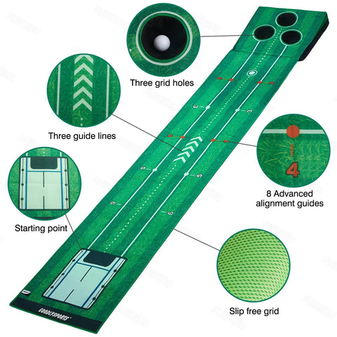 Portable Indoor And Outdoor Golf Putting Mat With 3 Balls, Retractable Push Rod, Carry Bag And Real Golf Balls, showing three grid holes and alignment guides