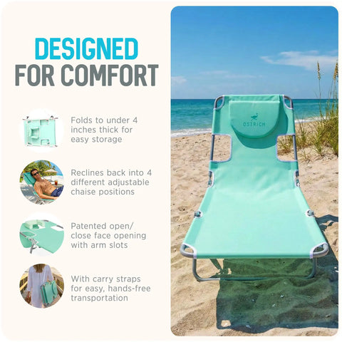 Teal Open Face Chaise Lounge With Face Cavity Design, Arm Slots, And Plush Pillow, Ultra Lightweight Foldable Tanning Lounger on beach