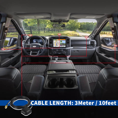 Vehicle interior with GPS system, highlighting the Waterproof Pro Grade GPS Antenna With SMA Male Connector and 3 Meter Cable.