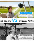 Man enjoying Magnetic Golf Cart Fan With Mist And Light 12000mAh Power Bank on golf cart, highlighting mist cooling vs regular airflow.
