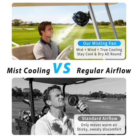 Man enjoying Magnetic Golf Cart Fan With Mist And Light 12000mAh Power Bank on golf cart, highlighting mist cooling vs regular airflow.