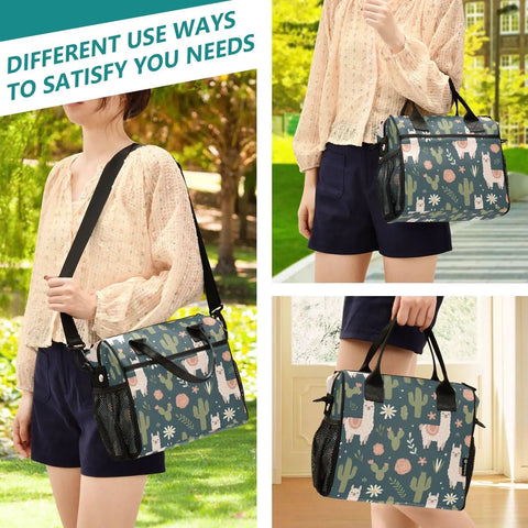 Person holding Cactus Flowers Insulated Lunch Bag With Leakproof Cooler Tote featuring desert design and adjustable shoulder strap.