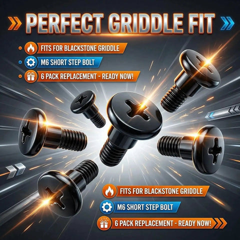 Six Pack Heavy Duty Short M6 Step Bolts Tightest Grip Replacement Shoulder Screws For Outdoor Gas Grill Side Shelves Cold Forged Hardware Making A Super Simple Swap A Cinch, black stainless steel bolts arranged in dynamic shot.
