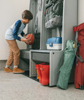Open Design Storage Locker With Benches And Shoe Cubbies Freestanding Cabinet With Metal Hooks Weather Resistant And UV Protected Organizer in use