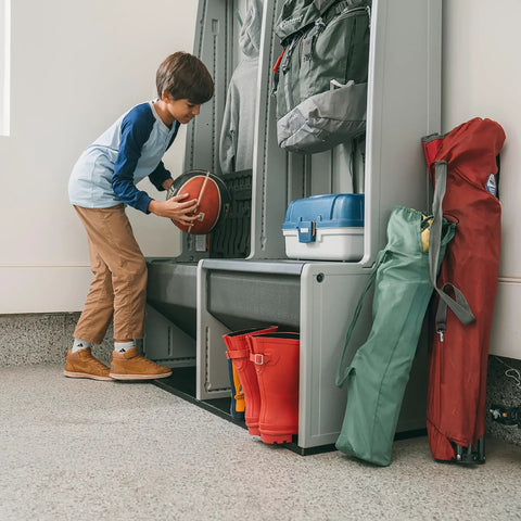 Open Design Storage Locker With Benches And Shoe Cubbies Freestanding Cabinet With Metal Hooks Weather Resistant And UV Protected Organizer in use