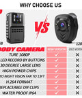 Comparison of 64GB and 128GB body cameras highlighting 1080P, IP64 waterproof, large lens, and other features for security use.