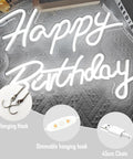 Happy Birthday Neon Sign Dimmable LED Light For Backdrops And Party Decor with 45cm chain, hanging hook, and USB cord