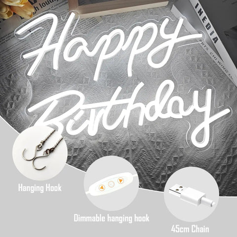 Happy Birthday Neon Sign Dimmable LED Light For Backdrops And Party Decor with 45cm chain, hanging hook, and USB cord