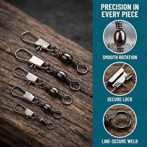 200 Piece Barrel Snap Swivel Fishing Accessories Set With Ball Bearing Swivels And Snap Connectors For Quick Lure Changes In Fresh And Saltwater Tackle Gear displayed on wood with close-up details of smooth rotation, secure lock, and line-secure weld.