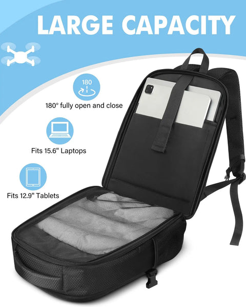 Open waterproof hard case for DJI Mini 4 Pro and Mini 3 Pro, showing 15.6 inch laptop slot and extra storage compartments.