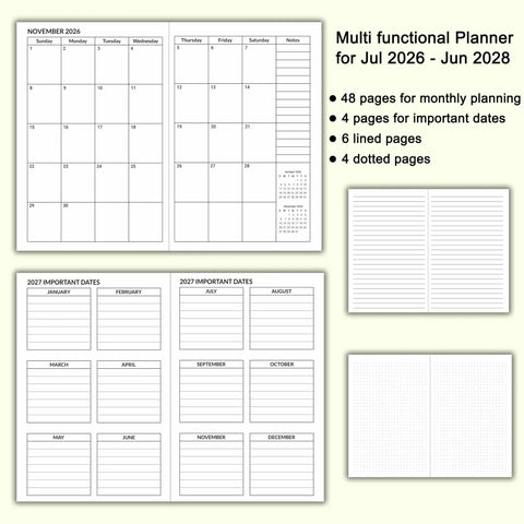 A5 Calendar Planner Inserts for Travelers Notebook Two Year Calendar Set July 2026 Through June 2028 Featuring Monthly Pages
