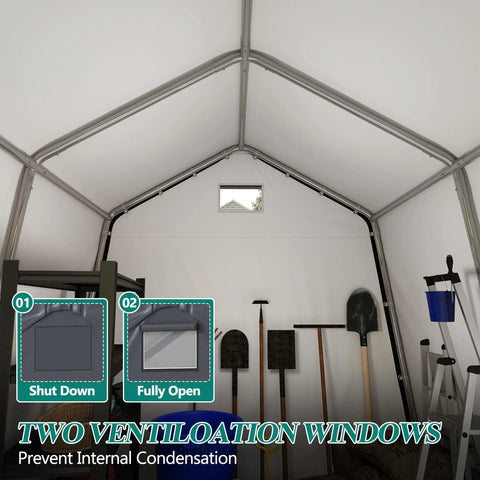 Inside view of 8 By 8 Outdoor Storage Shelter Shed Heavy Duty Tent with roll up ventilated windows, showing gardening tools and equipment.