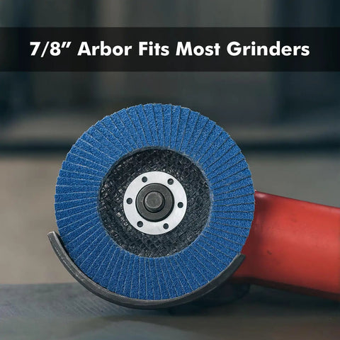 Pro Grade Metal Prep Kit for Angle Grinder With 25 Pack Strip and Flap Disc Set close-up of blue flap disc on angle grinder