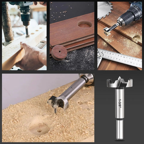 Sixteen Piece Forstner Bit Set For Woodworking, Pro Grade Precision Carbon Steel Drill Bits For Clean Holes, close-up on wood drilling