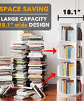 Four Tier Rotating Bookshelf Tower With Spinning Lazy Susan 360 Degree Revolving Book Storage Carousel White Space Saving Corner Organizer For Home Office Living Room next to a stack of books, showcasing 18.1-inch width.