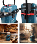 Auto Clean Dust Extractor With Dual Cyclone Pre Separation System, Pro Grade Industrial Vacuum For Woodworking And Sanding, 9 Gallon, 1400W, 19KPa, shown in workshop setting.