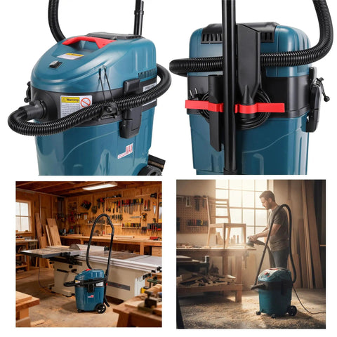 Auto Clean Dust Extractor With Dual Cyclone Pre Separation System, Pro Grade Industrial Vacuum For Woodworking And Sanding, 9 Gallon, 1400W, 19KPa, shown in workshop setting.