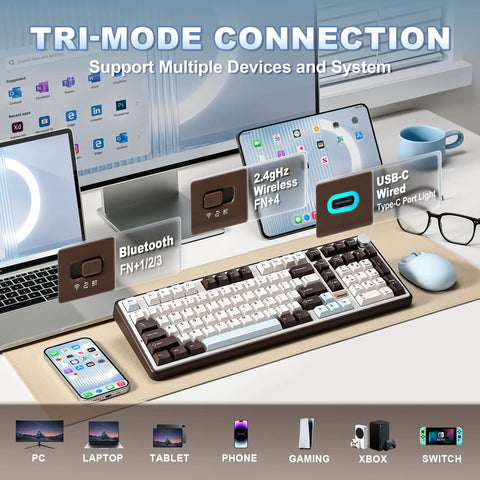 Clean 96 Percent Layout Wireless Mechanical Keyboard With Hot Swappable Switches And Playful Cat Metal Knobs Dedicated Number Pad in a tri-mode connection setup.