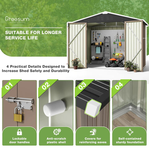 8x6 Foot Outdoor Storage Shed With Sloped Roof Metal Garden Tool Shed With Locking Door For Patio Storage Weatherproof Backyard Organization For Tools And Equipment Also Suitable As A Pet House Light Brown details overview.