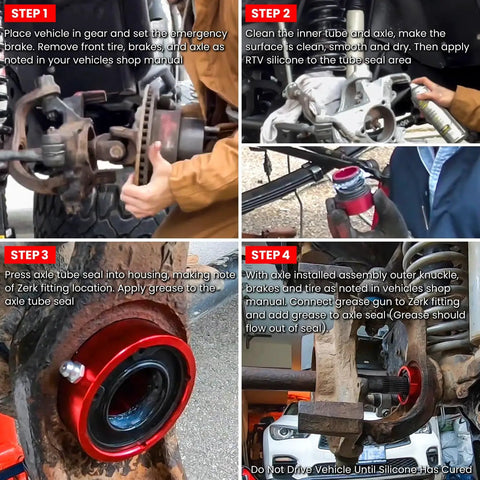 Step-by-step installation guide for Premium Dana 30 And 44 Front Axle Tube Seal Pair Including Inner Axle Side Seal Installation Tool.
