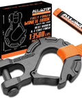 Beefy Forged Steel Winch Hook For Five Sixteenth Inch Cable, Six Ton Capacity, 13500 Pound Break Strength in packaging and strap