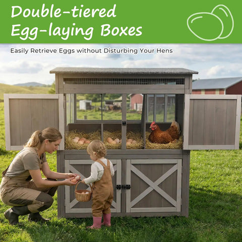 Expandable Two Story Chicken Coop With Six Nesting Boxes and outdoor run, child collecting eggs with adult, farming setting.