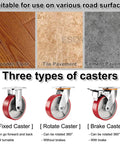 Three types of Heavy Duty Eight Inch Polyurethane Caster Wheels With Locking Brakes on wooden, tile, and cement floors.