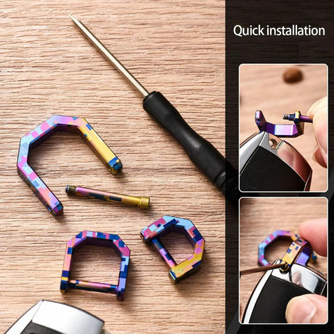 Alloy Miniature Keychain Clip With Detachable Tool And Screwdriver Precision Crafted Multicolor on wood surface