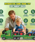 A father and son playing with Large 27 Inch Farm Truck Toy Set With Two Tractors And A 3 In 1 Inertia Powered Transport Vehicle With Lights And Realistic Sounds.