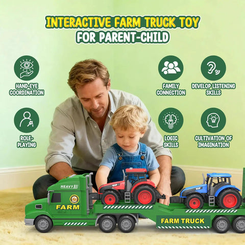 A father and son playing with Large 27 Inch Farm Truck Toy Set With Two Tractors And A 3 In 1 Inertia Powered Transport Vehicle With Lights And Realistic Sounds.