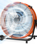 Beefy Heavy Duty 24 Inch Industrial Drum Fan High Velocity Floor Fan With 3 Speed Settings Tilt Adjustable And Large Wheels For Warehouse Garage Factory Patio Barn Shop Orange
