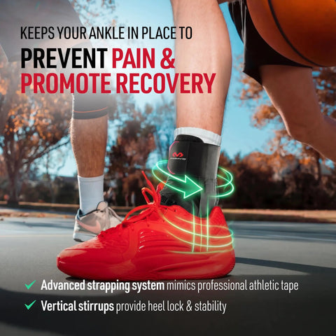 Ultralight Lace Up Ankle Brace With Figure 8 Strapping For Sprained Ankles shown on an athlete's foot during outdoor basketball