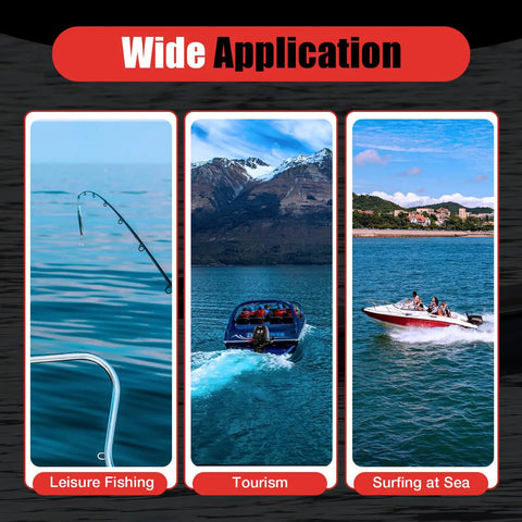 Leisure fishing, tourism, and surfing scenes with 4 Stroke 6.5 Hp Outboard Motor For Boats With CDI Ignition, 123cc Water Cooled Short Shaft.