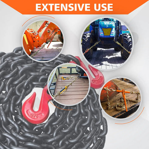 G80 Binder And Safety Chain Three Eighths Inch By Twenty Foot Beefy Heavy Duty Transport Chain With Clevis Grab Hooks 7100 Lbs Working Load in use