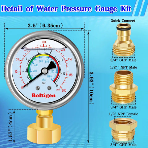 Oil Filled Water Pressure Gauge Three Quarter Inch GHT Female Thread 0 to 200 Psi Test Gauge Kit With Adapters visible