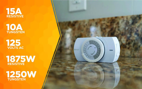 Solid As A Rock Plug In Mechanical Timer For Lamps And Appliances delivers 24 Hour Analog Dial Control on a granite countertop.