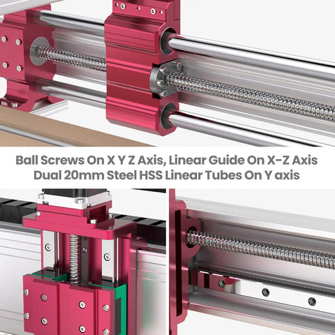 Close-up of NBX-5040 CNC Router with dual 20mm steel HSS linear rails on X-Z axis and ball screws on X Y Z axis for precise movement.