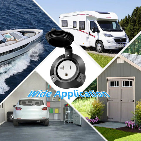 Heavy Duty 15A 20A Flanged Outlet NEMA 5-20 Female Receptacle With Weather Cover For Shore Power RVs Truck Bed Block Heater Indoor Outdoor Use ETL Listed, black flanged outlet shown with RV, boat, car, and shed use