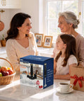 Kitchen Beast 1200W Handheld Immersion Blender Kit With Five Must Have Attachments displayed on a kitchen counter with family.
