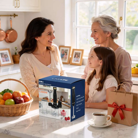 Kitchen Beast 1200W Handheld Immersion Blender Kit With Five Must Have Attachments displayed on a kitchen counter with family.