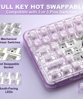 Smooth Wireless Mechanical Keyboard With Sleek Rotary Knob And Sick Tri Mode Sync For Effortless Multi Device Pairing Purple Crystal Switches close-up of hot swappable keys and translucent switches.