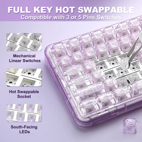 Smooth Wireless Mechanical Keyboard With Sleek Rotary Knob And Sick Tri Mode Sync For Effortless Multi Device Pairing Purple Crystal Switches close-up of hot swappable keys and translucent switches.