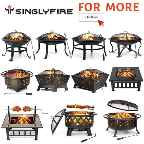 Collage of various 26 Inch Outdoor Wood Burning Fire Pit Heavy Duty Steel Bonfire Bowl With Spark Screen Log Grate And Poker